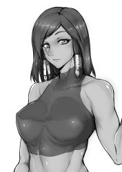 Rule 34 | 1girl, bare shoulders, braid, breasts, breasts apart, collarbone, dark-skinned female, dark skin, eye of horus, eyebrows, eyelashes, facial mark, facial tattoo, gggg, greyscale, hair tubes, highres, impossible clothes, large breasts, lips, looking at viewer, monochrome, overwatch, overwatch 1, parted lips, pharah (overwatch), shirt, short hair, side braids, skin tight, sleeveless, solo, tattoo, taut clothes, taut shirt, turtleneck, upper body