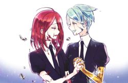 Rule 34 | 2others, ahoge, androgynous, artist request, crack, crying, closed eyes, face-to-face, gem uniform (houseki no kuni), golden arms, green hair, hair over one eye, holding hands, houseki no kuni, interlocked fingers, mercury (element), multiple others, nail polish, necktie, open mouth, phosphophyllite, red hair, cinnabar (houseki no kuni), short hair, smile, spoilers, tears, upper body
