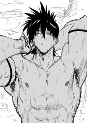 Rule 34 | 1boy, :o, adjusting hair, armpits, arms behind head, bare pectorals, biceps, dark skin, dark-skinned male, greyscale, haiki (tegusu), highres, long hair, looking to the side, male focus, manly, monochrome, nipples, one-punch man, pectorals, ponytail, simple background, solo, suiryuu (one-punch man), sweat