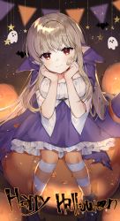 Rule 34 | 1girl, bandage on face, bandages, bandaid, bat (animal), cape, dungeon and fighter, ghost, halloween, highres, ikki the vikki, jack-o&#039;-lantern, leaning forward, poho, pointy ears, smile, solo, sparkle, star (symbol), streamers, striped clothes, striped thighhighs, thighhighs, trick or treat