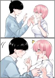 Rule 34 | 1boy, 1girl, ^^^, accidental pervert, antenna hair, black hair, blue eyes, blue sweater, blush, breasts, clenched hand, collared shirt, comic, commentary, embarrassed, eye contact, from side, go-toubun no hanayome, grabbing, grabbing another&#039;s breast, hair between eyes, hands up, hetero, highres, large breasts, long sleeves, looking at another, looking at breasts, looking down, mame1645, motion lines, nakano ichika, nervous, nervous smile, open hands, open mouth, pink hair, profile, shirt, short hair, simple background, smile, sound effects, surprised, sweatdrop, sweater, teeth, trembling, uesugi fuutarou, upper body, upper teeth only, v-shaped eyebrows, white background, white shirt