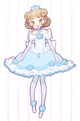 Rule 34 | 1girl, :d, aged down, arms at sides, blue dress, blue flower, blunt bangs, brown hair, commentary request, double bun, dress, floral print, flower, full body, hair bun, idol clothes, jewelry, looking at viewer, necklace, ookanda gloria, open mouth, pantyhose, pretty series, pripara, shoes, short hair, smile, solo, standing, uehasu (drill&#039;n girl), white footwear