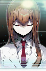 Rule 34 | 1girl, aloe (kenkou3733), brown hair, closed eyes, closed mouth, collared shirt, commentary request, dark background, facing viewer, gradient background, highres, jacket, long hair, makise kurisu, necktie, red necktie, shirt, smile, solo, steins;gate, upper body, white jacket, white shirt