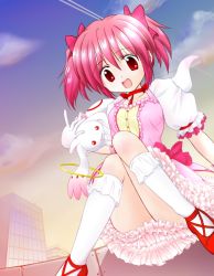 Rule 34 | 10s, artist request, bad hands, bow, building, choker, cloud, hair bow, kaname madoka, kaname madoka (magical girl), knees together feet apart, knees up, kyubey, magical girl, mahou shoujo madoka magica, open mouth, pink eyes, pink hair, red footwear, ruffled skirt, short twintails, sitting, sky, source request, twintails