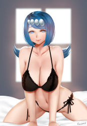 Rule 34 | 1girl, all fours, black bra, black panties, blue eyes, blue hair, blurry, blurry background, bra, breasts, creatures (company), easonx, game freak, highres, lana&#039;s mother (pokemon), large breasts, long hair, looking at viewer, low ponytail, mature female, navel, nintendo, panties, pokemon, pokemon (anime), pokemon sm (anime), smile, solo, swept bangs, underwear, underwear only