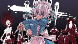 Rule 34 | 1girl, amanda young, apron, between fingers, black background, blue dress, blue eyes, bow, braid, breasts, cowboy shot, cross, crossover, dead by daylight, dress, gradient background, hair between eyes, hair ribbon, highres, holding, holding knife, izayoi sakuya, kawayabug, knife, knives between fingers, long sleeves, looking at viewer, maid apron, maid headdress, medium breasts, medium hair, open mouth, pig mask, ribbon, side braids, silver hair, sword, the clown (dead by daylight), the huntress (dead by daylight), the nurse (dead by daylight), the spirit (dead by daylight), the wraith (dead by daylight), touhou, tress ribbon, twin braids, weapon, zombie