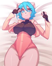 Rule 34 | 1girl, absurdres, animal ears, bad id, bad pixiv id, black gloves, blue eyes, blue hair, breasts, cat ears, cat girl, cat nose, covered erect nipples, cowboy shot, fingerless gloves, gloves, highleg, highres, large breasts, long sleeves, looking at viewer, maki dogville, original, short hair, solo