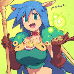 Rule 34 | 1girl, :d, animal ears, blue hair, breasts, brown gloves, capelet, commentary request, fang, gloves, green background, green eyes, holding, holding staff, large breasts, long hair, looking at viewer, metata, navel, open mouth, rpg maker, smile, solo, staff, translation request, upper body