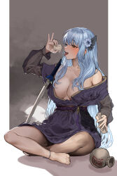 Rule 34 | 1girl, absurdres, alcohol, barefoot, bead anklet, beads, blue hair, blush, bottle, breasts, brown eyes, chroong, cleavage, drinking, drunk, full body, hair ornament, highres, holding, large breasts, long hair, long sleeves, off shoulder, original, popped collar, see-through, see-through sleeves, sitting, solo, sword, thighs, tongue, tongue out, very long hair, weapon