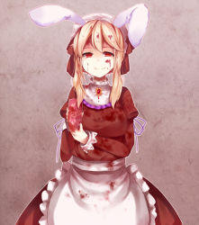 Rule 34 | 10s, 1girl, animal ears, apron, blonde hair, blood, rabbit ears, clarice (cinderella girls), clarice (idolmaster), headdress, idolmaster, idolmaster cinderella girls, long hair, looking at viewer, maid, maid apron, red eyes, smile, solo, waist apron