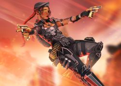 Rule 34 | 1girl, ammunition belt, apex legends, arms dealer loba, beret, black hat, breasts, cleavage, dog tags, dual wielding, falling, grey pants, grey shirt, gun, hair behind ear, handgun, hat, highres, holding, holding gun, holding weapon, jewelry, loba (apex legends), medium breasts, necklace, noush, official alternate costume, p2020 (pistol), pants, red lips, scouter, shirt, smile, solo, weapon