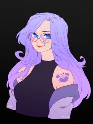 Rule 34 | 1girl, absurdres, arm tattoo, black background, black sweater, blue eyes, breasts, commentary, english commentary, highres, jacket, long hair, looking at viewer, mamavale, medium breasts, off shoulder, purple-tinted eyewear, purple hair, purple jacket, round eyewear, sleeveless, sleeveless sweater, smile, solo, sunglasses, sweater, tattoo, theartgun, tinted eyewear, upper body, virtual youtuber, vshojo