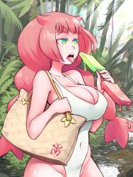 1girl, bag, bare arms, bare shoulders, braid, breasts, casual one-piece swimsuit, cleavage, covered navel, cowboy shot, food, fu shark, green eyelashes, green eyes, hair horns, handbag, highleg, highleg swimsuit, highres, ice cream, large breasts, long hair, one-piece swimsuit, original, outdoors, pink eyelashes, pink hair, pink lips, popsicle, rainforest, solo, swimsuit, tongue, tongue out, twin braids, white swimsuit