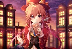 Rule 34 | 10s, 1girl, braid, brooch, building, candy, chimney, chocolate, chocolate bar, collared shirt, dusk, feather hair ornament, feathers, food, frilled sleeves, frills, hair ornament, hat, hat ribbon, holding, holding food, ichinose yukino, idolmaster, idolmaster cinderella girls, jacket, jewelry, light particles, light smile, long hair, long sleeves, looking at viewer, multicolored hair, navel, ninomiya asuka, open clothes, open jacket, orange hair, outdoors, pink hair, purple eyes, red jacket, ribbon, shirt, sidelocks, sky, solo, sparkle, top hat, twin braids, two-tone hair, upper body, very long hair, vest, white shirt, window