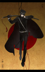 Rule 34 | 1boy, belt, black cape, black footwear, black gloves, black hair, black hat, black jacket, black pants, blood, blood on clothes, blood on face, blood on hands, buttons, cape, carrying over shoulder, full body, gakuran, gloves, gradient background, hat, hat over one eye, holding, holding sword, holding weapon, ipev, jacket, letterboxed, long sleeves, looking at viewer, male focus, marble, one eye covered, outstretched arm, over shoulder, pants, peaked cap, red sun, sash, school uniform, shaded face, sheath, shoes, solo, string, sword, tassel, touran-sai, uniform, unsheathed, walking, weapon, weapon over shoulder