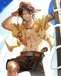 Rule 34 | 1boy, abs, armband, bead necklace, beads, black hair, black shorts, closed eyes, cowboy shot, freckles, grin, hand on headwear, hat, highres, jewelry, male focus, necklace, one piece, open clothes, open shirt, parted bangs, pectorals, portgas d. ace, ship, shirt, short hair, short sleeves, shorts, smile, solo, teeth, toned, toned male, watercraft, wavy hair, yanfenguo gao, yellow shirt