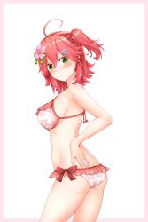 Rule 34 | 1girl, absurdres, ahoge, ass, bikini, blush, breasts, butt crack, cherry blossom print, cherry blossoms, closed mouth, floral print, flower, from side, green eyes, hair flower, hair ornament, hairclip, hand on own hip, highres, hololive, looking at viewer, medium breasts, medium hair, official alternate costume, one side up, pink bikini, pink hair, rin (0917608), sakura miko, sakura miko (hololive summer 2019), sideboob, solo, swimsuit, thighs, virtual youtuber, white background