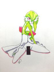 Rule 34 | 1girl, absurdres, artist name, breasts, colored skin, covered erect nipples, creatures (company), female focus, full body, game freak, gardevoir, gen 3 pokemon, green hair, green skin, hair over one eye, hand up, highres, japanese text, looking at viewer, multicolored skin, nintendo, open mouth, pokemon, pokemon (creature), red eyes, shiny skin, short hair, signature, simple background, sitting, small breasts, solo, spread legs, traditional media, translation request, two-tone skin, white background, white skin, yuumikuchi