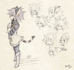 Rule 34 | 1girl, animal ears, cat ears, cat girl, cat tail, character sheet, chocolat gelato, cyber connect 2, dress, elh melizee, closed eyes, female focus, furry, furry female, little tail bronx, open mouth, partially colored, profile, seo tatsuya, short hair, signature, sketch, smile, solatorobo, solo, striped, tail, translation request