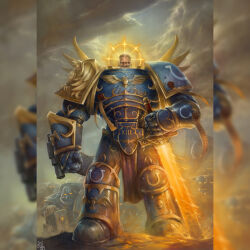 Rule 34 | 6+boys, armor, armored boots, blonde hair, blue armor, bolter, boots, border, breastplate, cloud, cloudy sky, flaming sword, flaming weapon, full armor, gauntlets, glowing, glowing eyes, gold trim, greaves, halo, helmet, highres, holding, holding sword, holding weapon, imperium of man, looking at viewer, metal wings, multiple boys, no pupils, ornate, ornate armor, pauldrons, power armor, primarch, purity seal, ricardomunoz, roboute guilliman, short hair, shoulder armor, sky, solo focus, space marine, sword, transparent border, vambraces, warhammer 40k, weapon, white eyes