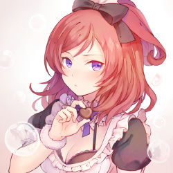 Rule 34 | 10s, 1girl, alternate costume, alternate hairstyle, black bow, black bra, blush, bow, bowtie, bra, breasts, bubble, candy, chocolate, chocolate heart, cleavage, closed mouth, food, frills, gradient background, hair bow, heart, holding, holding food, light frown, looking at viewer, love live!, love live! school idol festival, love live! school idol project, medium breasts, nishikino maki, purple bow, purple bowtie, purple eyes, red hair, rio.lw, short sleeves, solo, underwear, upper body, valentine