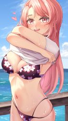 Rule 34 | 1girl, absurdres, bikini, blush, breasts, c turtle, cleavage, cloud, commentary, english commentary, floral print, heart, highres, indie virtual youtuber, large breasts, long hair, midriff, mole, mole on breast, navel, nini yuuna, ocean, open mouth, pink eyes, pink hair, print bikini, purple bikini, shirt, sky, smile, solo, swimsuit, virtual youtuber, water, wet, white shirt