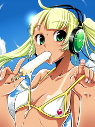 Rule 34 | 1girl, bad id, bad pixiv id, bikini, bikini tan, blonde hair, breasts, cloud, day, flat chest, food, green eyes, headphones, heart, light rays, long hair, looking at viewer, messy, pochi (pochi-goya), popsicle, sexually suggestive, sky, small breasts, solo, strap lift, sun, sunbeam, sunlight, swimsuit, tan, tanline, twintails, upper body
