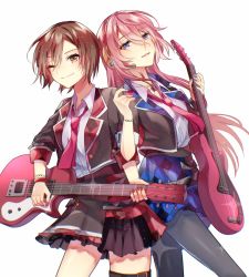 Rule 34 | 2girls, aryuma772, black jacket, black skirt, blue eyes, blue skirt, bracelet, brown eyes, brown hair, commentary, cowboy shot, electric guitar, guitar, headphones, headset, highres, holding, holding instrument, holding plectrum, instrument, jacket, jewelry, leo/need luka, leo/need meiko, long hair, looking at viewer, megurine luka, meiko (vocaloid), miniskirt, multiple girls, necktie, one eye closed, pantyhose, parted lips, pink hair, plectrum, project sekai, red neckwear, shirt, short hair, side-by-side, skirt, smile, standing, vocaloid, white background, white shirt