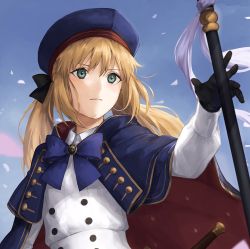 Rule 34 | 1girl, artoria caster (fate), artoria caster (second ascension) (fate), artoria pendragon (fate), black gloves, blonde hair, blue headwear, blue sky, breasts, buttons, capelet, closed mouth, dress, fate/grand order, fate (series), gloves, green eyes, highres, holding, holding staff, kouzuki kei, long hair, long sleeves, multicolored capelet, sky, small breasts, staff, twintails, white dress
