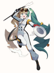 Rule 34 | 1girl, :d, armband, black footwear, boots, buttons, cane, commentary request, creatures (company), electric miku (project voltage), eyelashes, full body, game freak, gloves, green eyes, green hair, hat, hatsune miku, highres, holding, holding cane, holding clothes, holding hat, jumpsuit, korean commentary, long hair, long sleeves, mongguri, multicolored hair, necktie, nintendo, open mouth, pokemon, project voltage, simple background, smile, solo, teeth, tongue, twintails, twitter username, unworn hat, unworn headwear, upper teeth only, vocaloid, white background, white jumpsuit