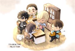 Rule 34 | 5boys, amuro tooru, black eyes, black hair, black shirt, black suit, blonde hair, blouse, brown hair, cafe, character request, chibi, cigarette, coffee, collared shirt, dog, english text, facial hair, formal, highres, holding, holding instrument, holding teapot, instrument, masako1031, meitantei conan, mouth hold, multiple boys, music, playing instrument, saucer, shirt, stubble, suit, teapot, toothpick, white shirt