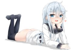 Rule 34 | 10s, 1girl, :d, absurdres, ass, bad id, bad nijie id, belt, black thighhighs, blue eyes, blush, bottomless, eyebrows, feet up, full body, hair between eyes, hand on own cheek, hand on own face, head rest, heart, hibiki (kancolle), highres, kantai collection, long hair, long sleeves, looking at viewer, lying, moyoron, on stomach, open mouth, shirt, silver hair, smile, solo, thighhighs, tsurime, verniy (kancolle), white shirt