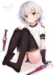 Rule 34 | 1girl, :3, artist name, bandaged arm, bandages, black gloves, black thighhighs, blush, buruma, cat, closed mouth, crossed bangs, dagger, dual wielding, facial scar, fate/apocrypha, fate (series), fingerless gloves, gloves, green eyes, gym uniform, highres, holding, jack the ripper (fate/apocrypha), knees up, knife, looking at viewer, nahaki, name tag, scar, scar across eye, scar on cheek, scar on face, short hair, short sleeves, signature, silver hair, simple background, sin-poi, sitting, smile, solo, thighhighs, thighs, weapon, white background, | |