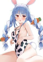 Rule 34 | 1girl, animal ears, animal print, arou (arrow x666), blue hair, bow, breasts, carrot hair ornament, cow print, food-themed hair ornament, hair bow, hair ornament, highres, hololive, looking at viewer, multicolored hair, rabbit ears, rabbit girl, rabbit tail, red eyes, simple background, sitting, small breasts, solo, tail, thick eyebrows, thighs, two-tone hair, usada pekora, virtual youtuber, white background, white bow, white hair