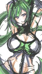 Rule 34 | 1girl, absurdres, armpits, arms behind head, breasts, cleavage, green hair, green heart (neptunia), highres, large breasts, long hair, looking at viewer, neptune (series), open mouth, ponytail, purple eyes, solo, very long hair