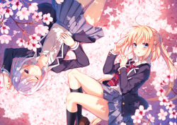 Rule 34 | 2girls, ;), ahoge, arm up, black socks, blazer, blouse, blue skirt, blush, brown footwear, cherry blossoms, closed mouth, collarbone, dutch angle, flower bed, hair between eyes, half updo, hand on own stomach, hands up, jacket, kneehighs, light smile, loafers, long hair, looking at viewer, lying, multiple girls, necktie, on back, on side, one eye closed, open clothes, open jacket, original, parted lips, pink eyes, pleated skirt, ponytail, red necktie, rotational symmetry, school uniform, shade, shirt, shoes, sidelocks, skirt, smile, socks, striped necktie, striped neckwear, thighs, toosaka asagi, upside-down, very long hair, white hair, white shirt