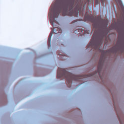 Rule 34 | 1girl, bare shoulders, blunt bangs, bow, bowtie, breasts, brown eyes, brown hair, character request, choker, cleavage, ilya kuvshinov, lips, looking at viewer, monochrome, parted lips, realistic, sketch, solo