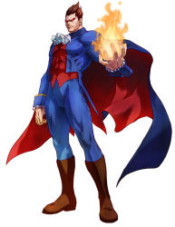 Rule 34 | 1boy, abs, boots, brown hair, capcom, cape, demitri maximoff, fire, male focus, muscular, no pupils, official art, project x zone, red eyes, short hair, solo, vampire, vampire (game)