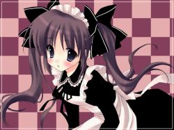 Rule 34 | 1girl, blush, brown hair, checkered background, hair ribbon, maid, maid headdress, original, ribbon, ryouka (suzuya), solo, twintails