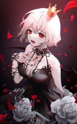 Rule 34 | 1girl, absurdres, bat wings, black dress, blood, commission, crown, dress, fangs, flower, gradient background, hair between eyes, highres, looking at viewer, mini crown, naru 0, open mouth, original, pixiv commission, red eyes, rose, sleeveless, smile, solo, vampire, white flower, white hair, white rose, wings