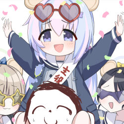 Rule 34 | 1boy, 3girls, :d, animal ears, arms up, doodle sensei (blue archive), black coat, black hair, blue archive, brown hair, carrying, carrying person, character request, coat, commentary request, confetti, eyewear on head, fake animal ears, hair between eyes, hair ornament, halo, heart, heart-shaped eyewear, long hair, long sleeves, looking at viewer, low twintails, mouse ears, multicolored hair, multiple girls, o (rakkasei), open clothes, open coat, open mouth, outstretched arms, pleated skirt, pocket, purple eyes, purple hair, reisa (blue archive), school uniform, sensei (blue archive), serafuku, shoulder carry, sidelocks, simple background, skirt, smile, spread arms, star-shaped eyewear, star (symbol), star hair ornament, sunglasses, sweat, nervous sweating, translation request, twintails, two-tone hair