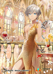 Rule 34 | 1girl, ace (playing card), ace of spades, baudelaire (qurare), blue eyes, bow, bowtie, bracelet, breasts, card, center opening, cleavage, copyright name, cup, drinking glass, earrings, flower, gold dress, ice (ice aptx), indoors, jack (playing card), jack of spades, jewelry, king (playing card), king of spades, looking at viewer, medium breasts, nail polish, necklace, no bra, parted lips, petals, playing card, poker chip, queen (playing card), queen of spades, qurare magic library, red nails, ring, short hair, silver hair, smile, solo, spade (shape), standing, vase, window, wine glass