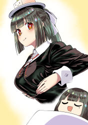 Rule 34 | :d, alternate breast size, black jacket, blush, bow, breasts, character request, closed eyes, closed mouth, collared shirt, dreaming, drooling, green hair, hair bow, hat, highres, indie virtual youtuber, ishii hisao, jacket, large breasts, looking at viewer, mole, mole under eye, mouth drool, open mouth, ponytail, red eyes, shirt, sleeping, smile, u u, virtual youtuber, white bow, white shirt, wing collar