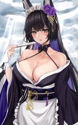 Rule 34 | 1girl, absurdres, animal ear fluff, animal ears, apron, azur lane, bare shoulders, black hair, black kimono, breasts, cleavage, cloud, cloudy sky, facial mark, flower, fox ears, fox girl, frilled hairband, frills, gloves, hair flower, hair ornament, hairband, hand fan, hand up, highres, holding, holding fan, japanese clothes, kimono, kulayueyue, large breasts, light blush, long hair, looking at viewer, maid, musashi (azur lane), musashi (violet moonglow) (azur lane), official alternate costume, parted lips, sky, solo, wa maid, whisker markings, white gloves, wide sleeves, yellow eyes
