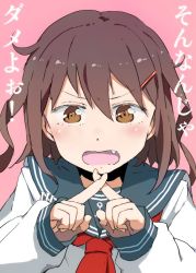 Rule 34 | 10s, bad id, bad twitter id, brown eyes, brown hair, commentary request, crossed fingers, fang, gomennasai, hair ornament, hairclip, ikazuchi (kancolle), index finger raised, kantai collection, neckerchief, open mouth, red neckerchief, school uniform, serafuku, short hair, sleeves past wrists, solo, tearing up, translated, x fingers