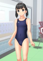Rule 34 | 1girl, absurdres, black eyes, black hair, black one-piece swimsuit, chair, commentary request, competition swimsuit, covered navel, cowboy shot, door, flat chest, folding chair, highres, locker, locker room, looking at viewer, mizuno (brand), one-piece swimsuit, original, short hair, smile, solo, standing, swimsuit, takafumi, twintails