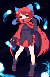 Rule 34 | 1girl, ankle boots, black background, boots, bow, cape, covering own mouth, full body, hair bow, hand up, head tilt, high collar, highres, hitodama, looking at viewer, miniskirt, red eyes, red hair, saado (thirdflogchorus), sekibanki, short hair, simple background, skirt, sleeves past wrists, solo, standing, touhou