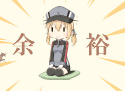 Rule 34 | 10s, 1koma, anchor hair ornament, black legwear, blonde hair, comic, commentary, cushion, goma (yoku yatta hou jane), hair between eyes, hair ornament, hat, jacket, kantai collection, pleated skirt, prinz eugen (kancolle), seiza, sidelocks, simple background, sitting, skirt, solid oval eyes, solo focus, thighhighs, translated, twintails