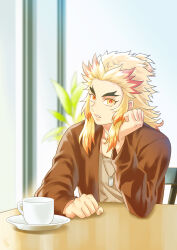 Rule 34 | 1boy, blonde hair, brown jacket, casual, closed mouth, collarbone, cup, dog tags, forked eyebrows, grey shirt, head rest, highres, jacket, kimetsu no yaiba, long hair, long sleeves, looking to the side, male focus, multicolored hair, open clothes, open jacket, red hair, remsor076, rengoku kyoujurou, shirt, sitting, smile, solo, table, teacup, two-tone hair, upper body, yellow eyes