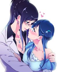 Rule 34 | 2girls, age difference, bare shoulders, blue eyes, blue hair, blush, breasts, cleavage, closed mouth, collarbone, earrings, eye contact, glasses, hair bun, heart, hugtto! precure, jewelry, lips, long hair, long sleeves, looking at another, multiple girls, necklace, negom, off shoulder, over-rim eyewear, ponytail, precure, purple hair, red-framed eyewear, semi-rimless eyewear, simple background, single hair bun, smile, upper body, white background, yakushiji saaya, yuri